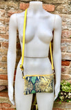 2 sided yellow + snake print leather bag. Crossbody / shoulder bag in GENUINE leather. Small yellow purse. Yellow, black, green animal print