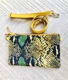2 sided yellow + snake print leather bag. Crossbody / shoulder bag in GENUINE leather. Small yellow purse. Yellow, black, green animal print