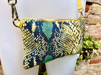 2 sided yellow + snake print leather bag. Crossbody / shoulder bag in GENUINE leather. Small yellow purse. Yellow, black, green animal print