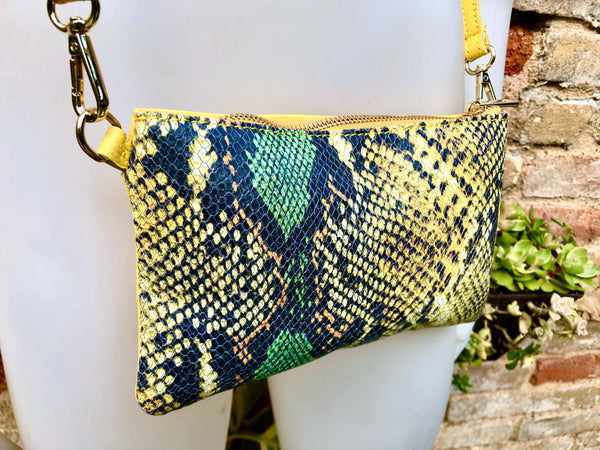 2 sided yellow + snake print leather bag. Crossbody / shoulder bag in GENUINE leather. Small yellow purse. Yellow, black, green animal print
