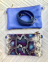 2 sided purple + snake print leather bag. GENUINE leather crossbody / shoulder bag. Small purple purse. Purple, hot pink, black animal print