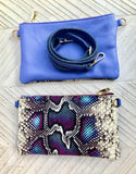 2 sided purple + snake print leather bag. GENUINE leather crossbody / shoulder bag. Small purple purse. Purple, hot pink, black animal print