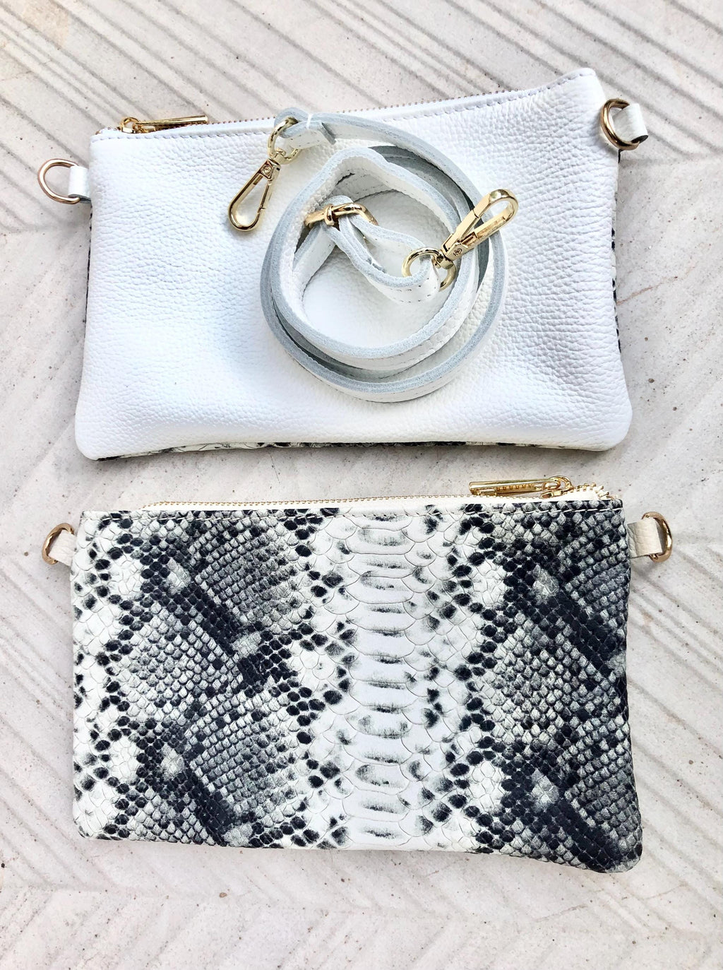 2 sided white /cream + snake print leather bag. GENUINE leather crossbody / shoulder bag. Small purse. White, cream, black animal print