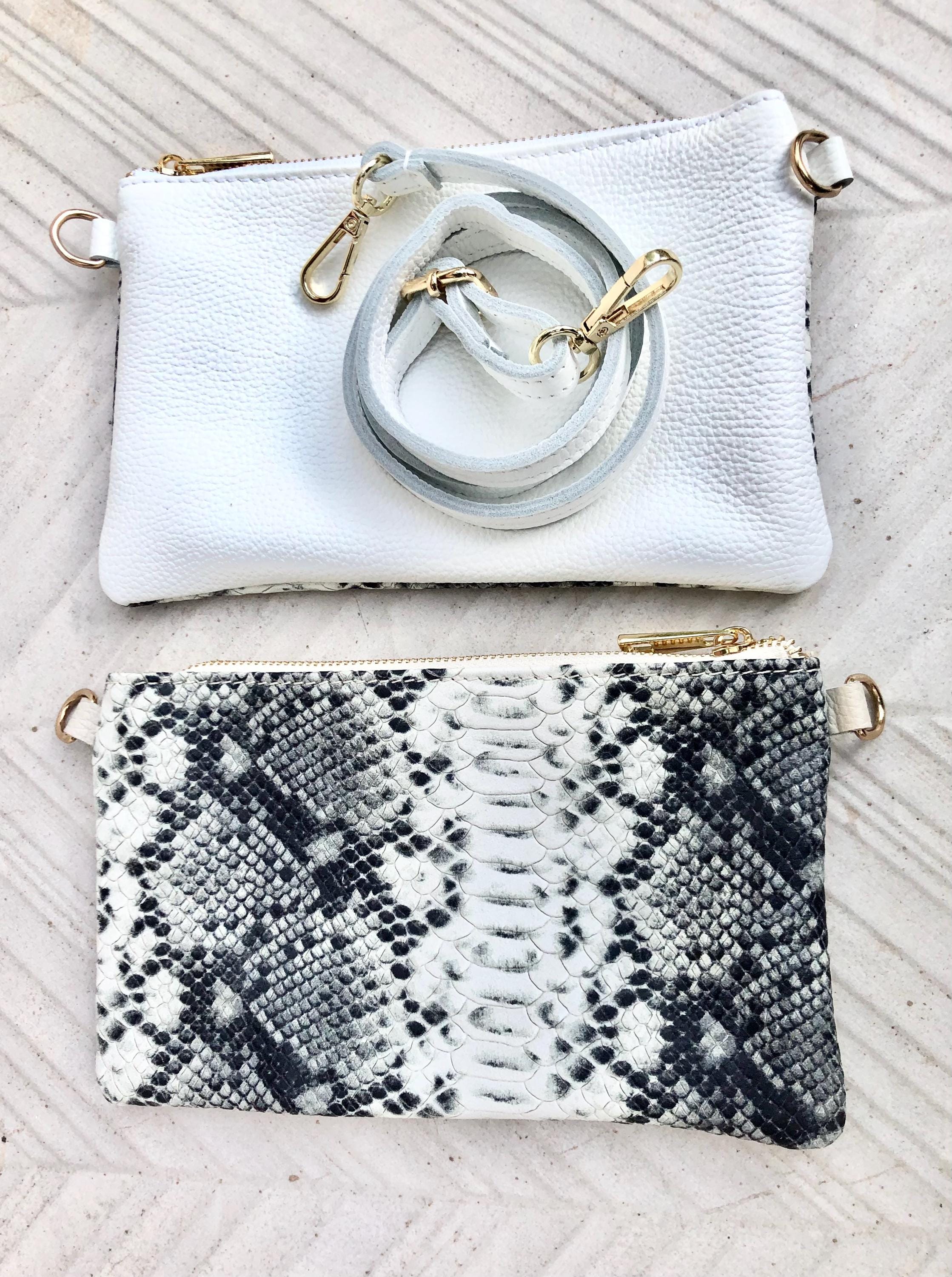2 sided white /cream + snake print leather bag. GENUINE leather crossbody / shoulder bag. Small purse. White, cream, black animal print