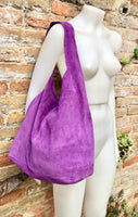 PURPLE slouch leather bag. Shoulder bag made with soft natural suede. Boho suede leather shopper + ZIPPER. Carry all bag for books, tablets