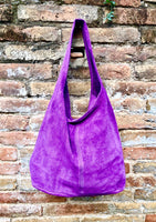 PURPLE slouch leather bag. Shoulder bag made with soft natural suede. Boho suede leather shopper + ZIPPER. Carry all bag for books, tablets