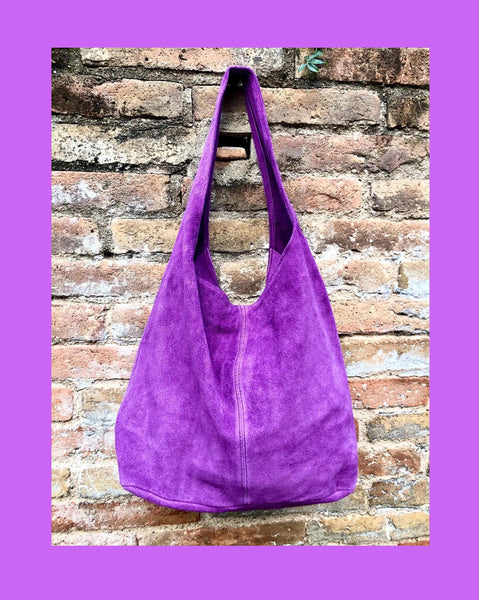 PURPLE slouch leather bag. Shoulder bag made with soft natural suede. Boho suede leather shopper + ZIPPER. Carry all bag for books, tablets