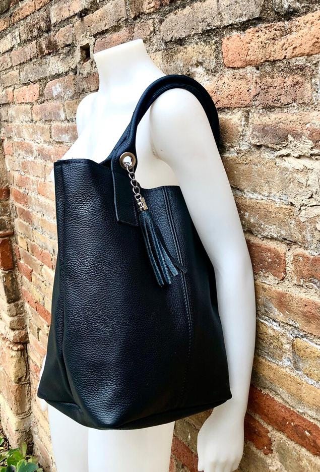 Tote leather bag in BLACK. Leather shopper in GENUINE leather. Large carry all bag for your laptop, books. Black leather shopper bag