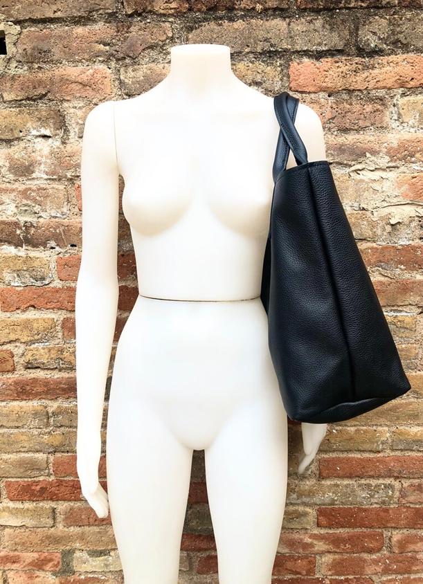 Tote leather bag in BLACK. Leather shopper in GENUINE leather. Large carry all bag for your laptop, books. Black leather shopper bag