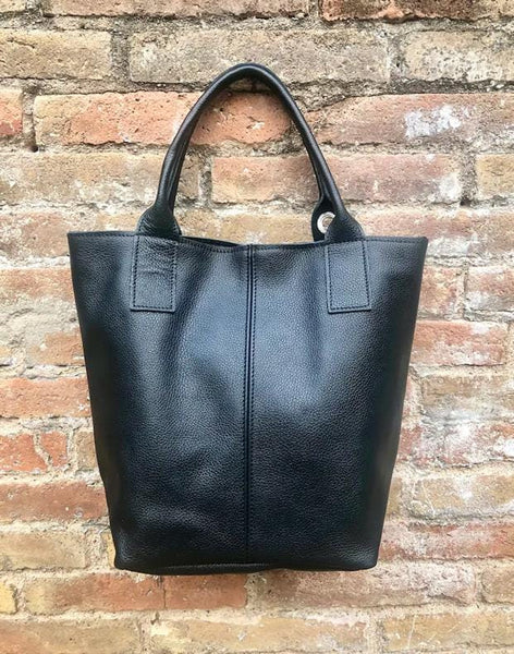 Tote leather bag in BLACK. Leather shopper in GENUINE leather. Large carry all bag for your laptop, books. Black leather shopper bag