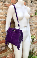 PURPLE crossbody fringed bag. Purple BOHO suede leather bag with FRINGES. Purple soft genuine suede leather. Purple suede purse.