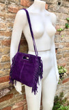 PURPLE crossbody fringed bag. Purple BOHO suede leather bag with FRINGES. Purple soft genuine suede leather. Purple suede purse.