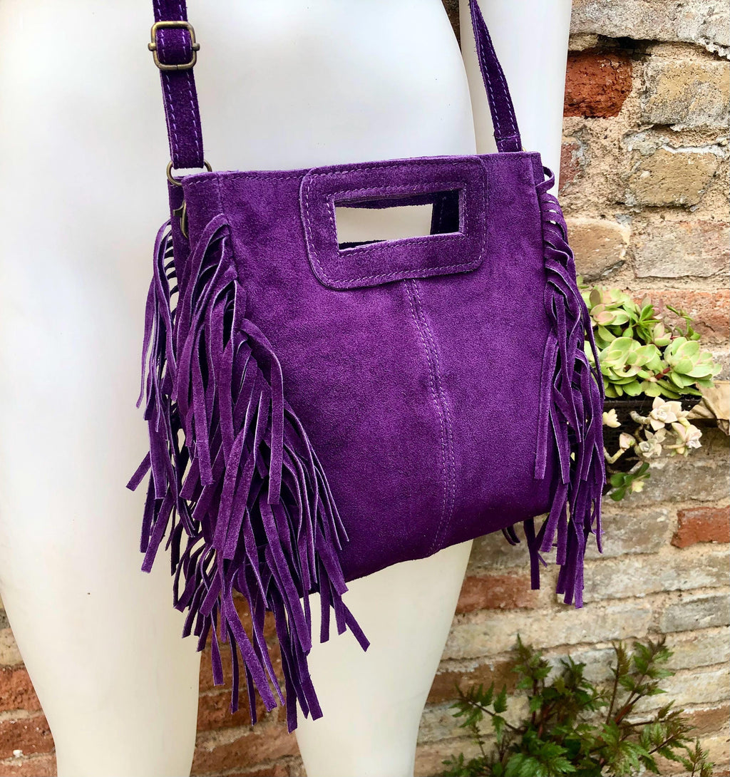 PURPLE crossbody fringed bag. Purple BOHO suede leather bag with FRINGES. Purple soft genuine suede leather. Purple suede purse.