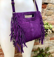 PURPLE crossbody fringed bag. Purple BOHO suede leather bag with FRINGES. Purple soft genuine suede leather. Purple suede purse.