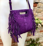 PURPLE crossbody fringed bag. Purple BOHO suede leather bag with FRINGES. Purple soft genuine suede leather. Purple suede purse.