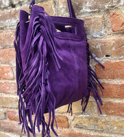 PURPLE crossbody fringed bag. Purple BOHO suede leather bag with FRINGES. Purple soft genuine suede leather. Purple suede purse.