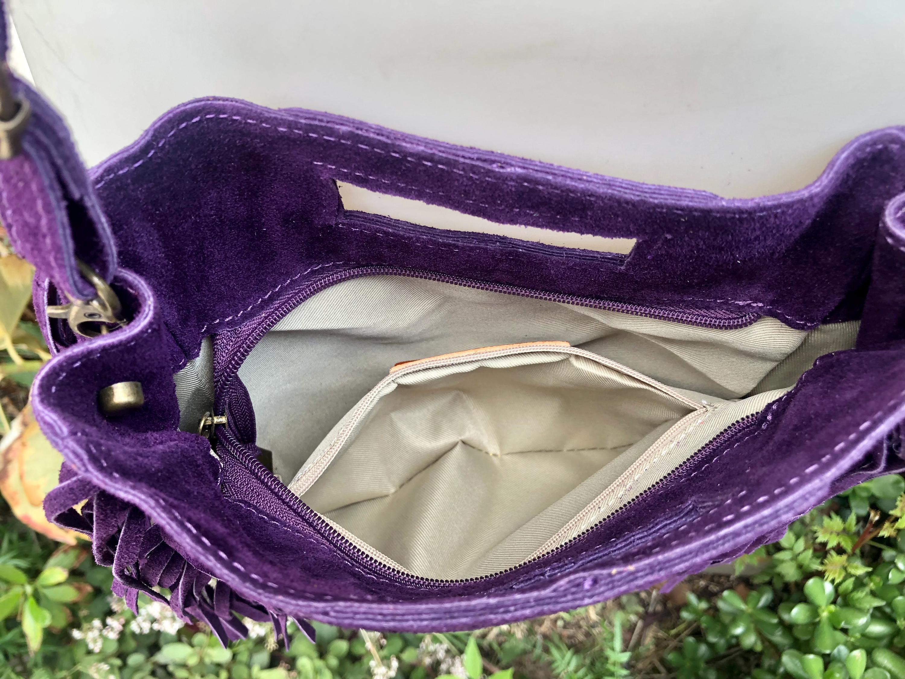 PURPLE crossbody fringed bag. Purple BOHO suede leather bag with FRINGES. Purple soft genuine suede leather. Purple suede purse.