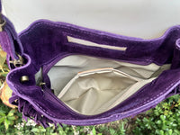 PURPLE crossbody fringed bag. Purple BOHO suede leather bag with FRINGES. Purple soft genuine suede leather. Purple suede purse.