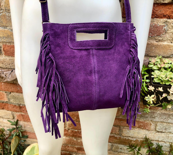 PURPLE crossbody fringed bag. Purple BOHO suede leather bag with FRINGES. Purple soft genuine suede leather. Purple suede purse.