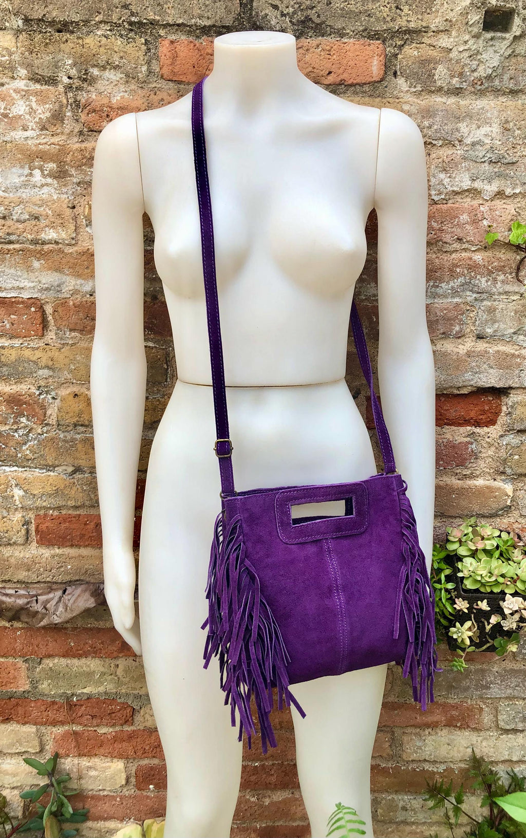 PURPLE crossbody fringed bag. Purple BOHO suede leather bag with FRINGES. Purple soft genuine suede leather. Purple suede purse.