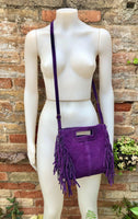 PURPLE crossbody fringed bag. Purple BOHO suede leather bag with FRINGES. Purple soft genuine suede leather. Purple suede purse.