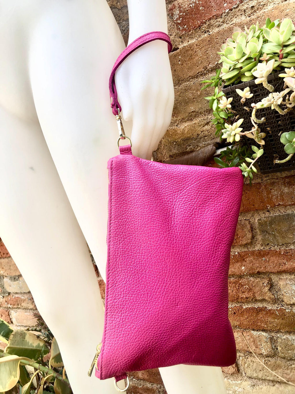 Small leather bag in Fuchsia pink. Cross body, shoulder bag or wristlet in GENUINE leather. Pink purse with adjustable strap. Soft leather.