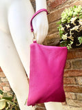 Small leather bag in Fuchsia pink. Cross body, shoulder bag or wristlet in GENUINE leather. Pink purse with adjustable strap. Soft leather.