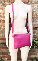 Small leather bag in Fuchsia pink. Cross body, shoulder bag or wristlet in GENUINE leather. Pink purse with adjustable strap. Soft leather.