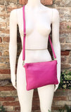 Small leather bag in Fuchsia pink. Cross body, shoulder bag or wristlet in GENUINE leather. Pink purse with adjustable strap. Soft leather.