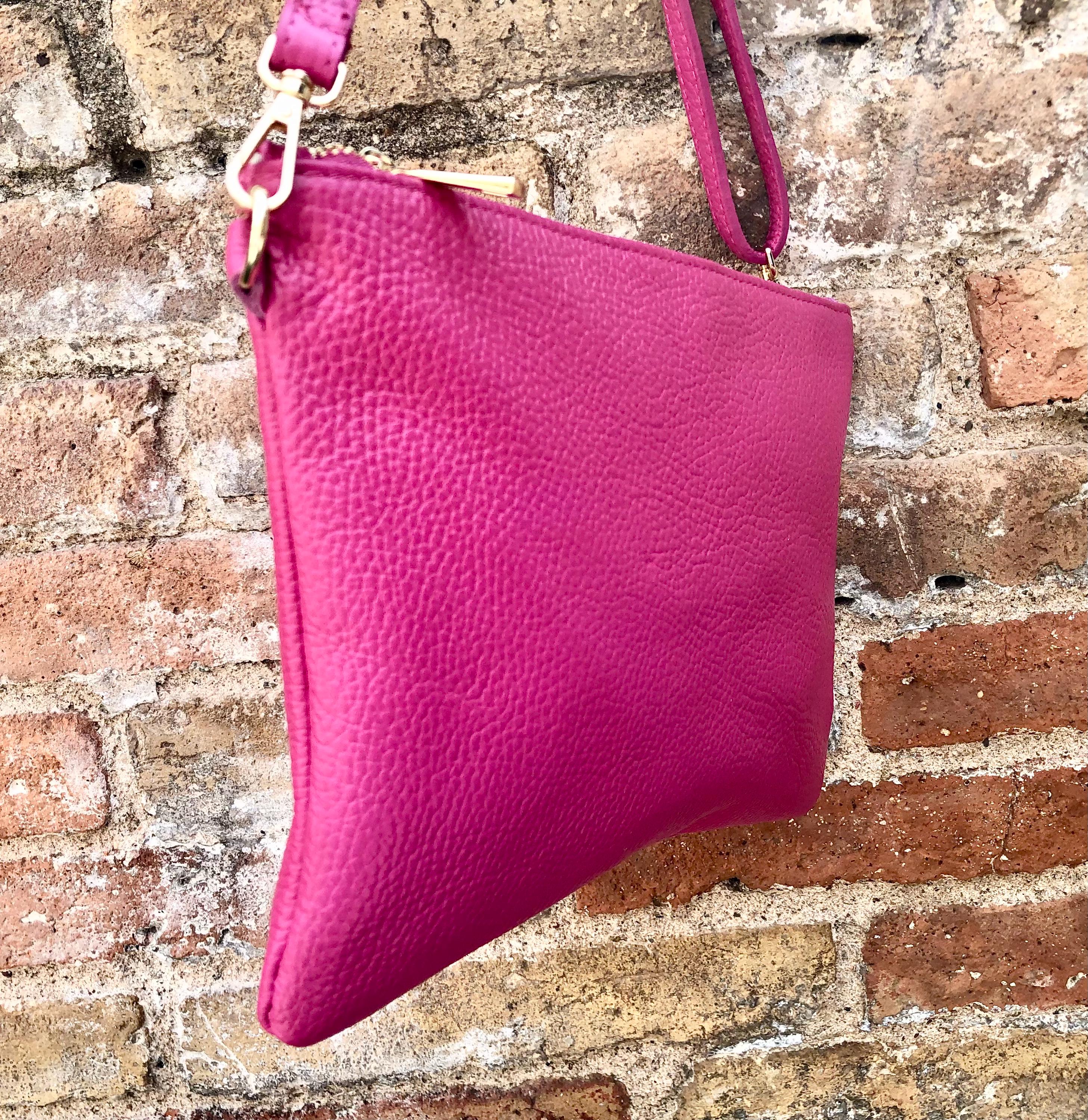 Small leather bag in Fuchsia pink. Cross body, shoulder bag or wristlet in GENUINE leather. Pink purse with adjustable strap. Soft leather.