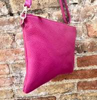 Small leather bag in Fuchsia pink. Cross body, shoulder bag or wristlet in GENUINE leather. Pink purse with adjustable strap. Soft leather.