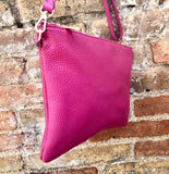 Small leather bag in Fuchsia pink. Cross body, shoulder bag or wristlet in GENUINE leather. Pink purse with adjustable strap. Soft leather.