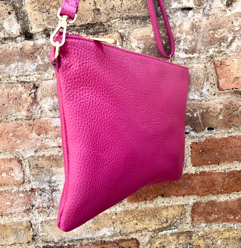 Small leather bag in Fuchsia pink. Cross body, shoulder bag or wristlet in GENUINE leather. Pink purse with adjustable strap. Soft leather.