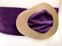 PURPLE suede leather waist belt with gold color large buckle. Boho genuine soft suede leather belt. Purple wide dress or overall belt.