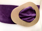 PURPLE suede leather waist belt with gold color large buckle. Boho genuine soft suede leather belt. Purple wide dress or overall belt.