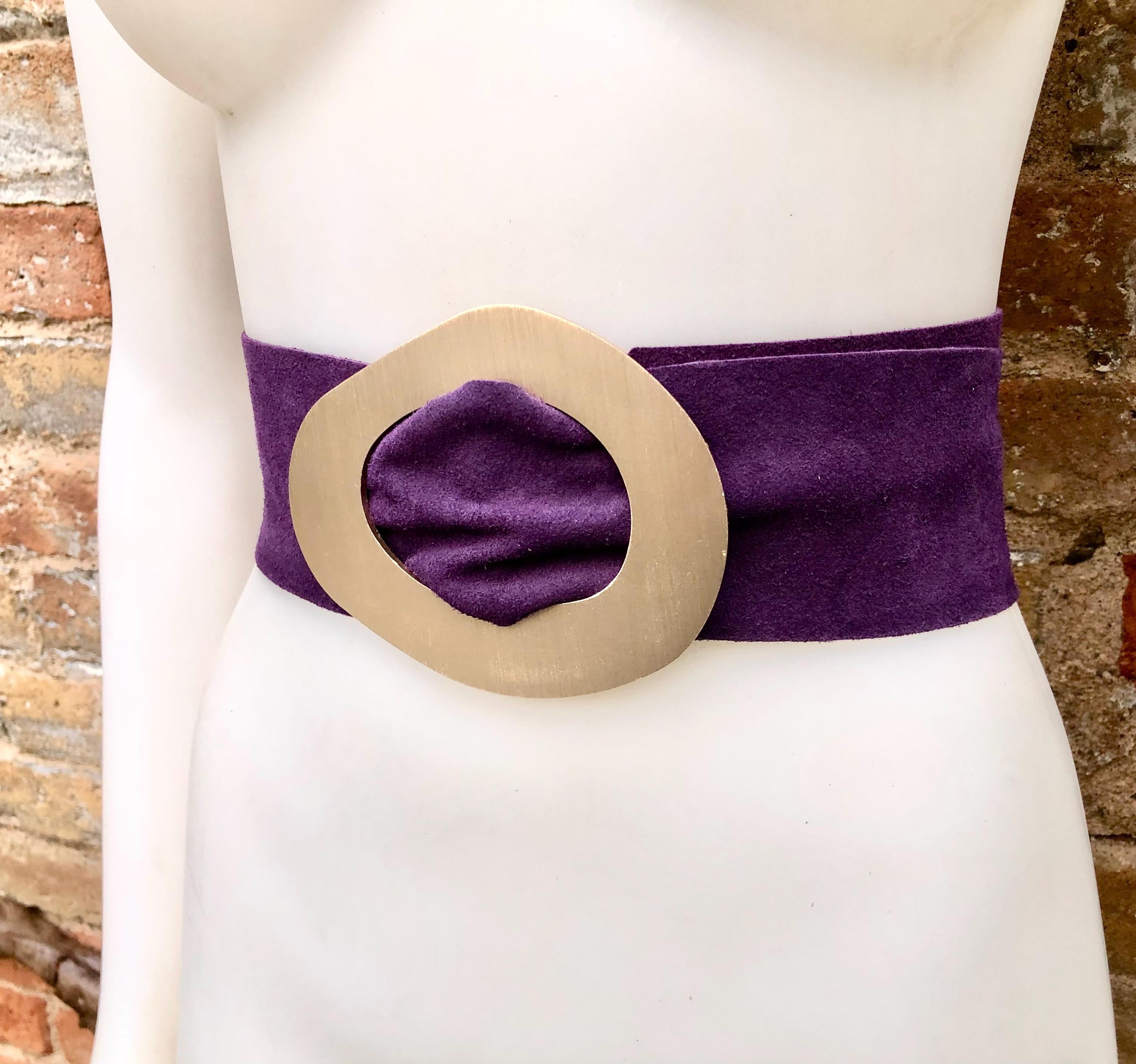PURPLE suede leather waist belt with gold color large buckle. Boho genuine soft suede leather belt. Purple wide dress or overall belt.