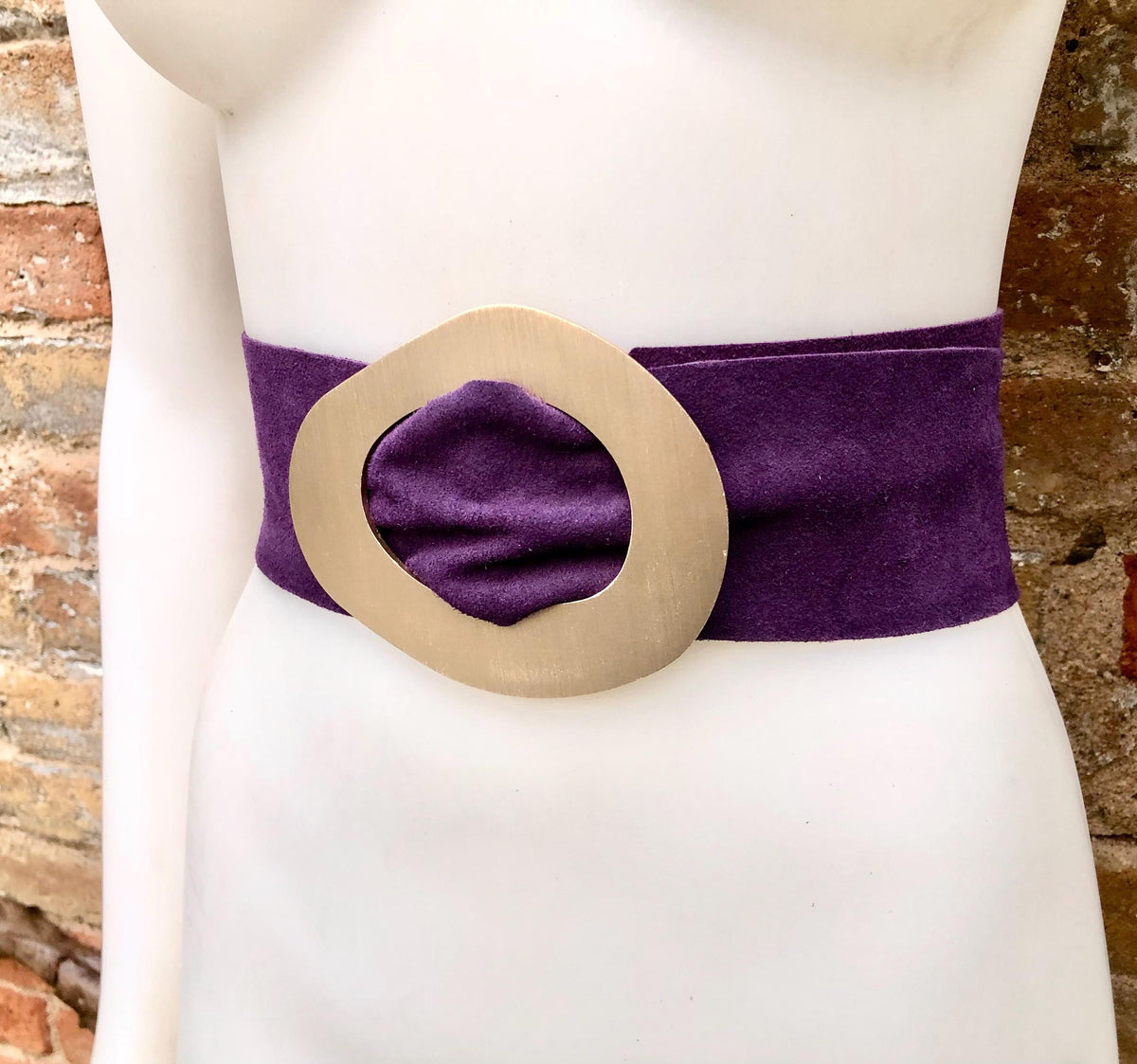 PURPLE suede leather waist belt with gold color large buckle. Boho genuine soft suede leather belt. Purple wide dress or overall belt.