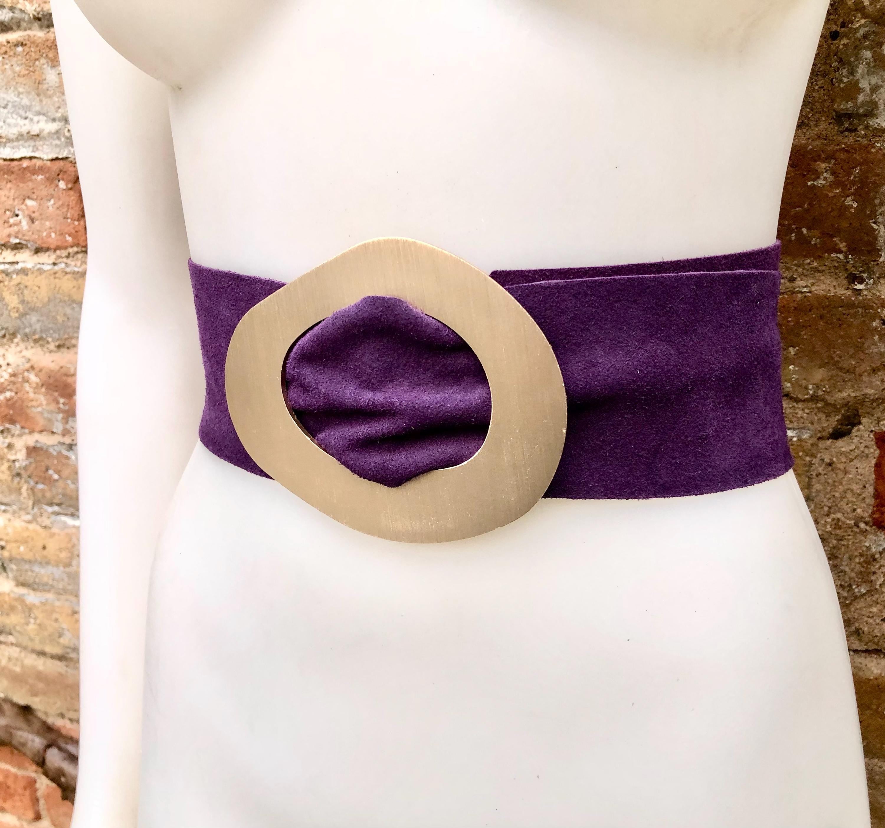 PURPLE suede leather waist belt with gold color large buckle. Boho genuine soft suede leather belt. Purple wide dress or overall belt.