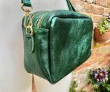 Small leather bag in metallic green. Genuine leather cross body / shoulder bag. Dark green glitter purse. Adjustable strap. Gold accents