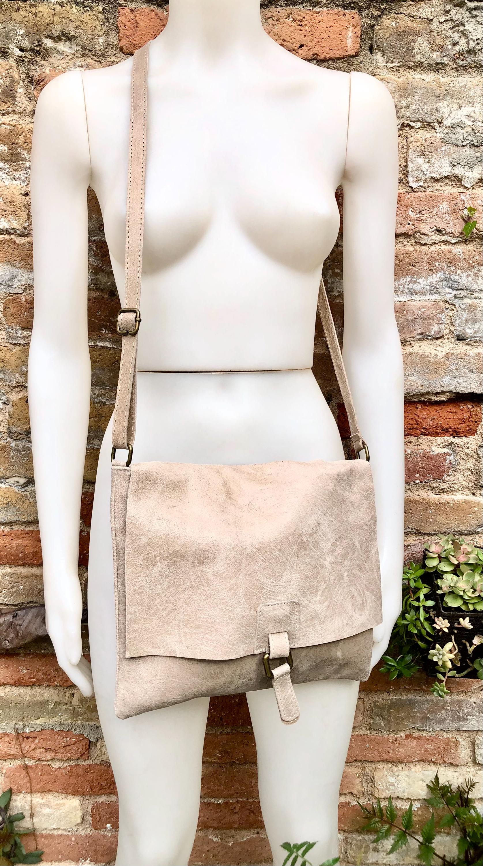 BOHO leather messenger bag in light BEIGE. Cross body bag in BEIGE suede. Soft genuine leather messenger bag.Beige leather purse