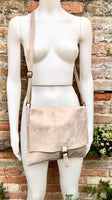 BOHO leather messenger bag in light BEIGE. Cross body bag in BEIGE suede. Soft genuine leather messenger bag.Beige leather purse