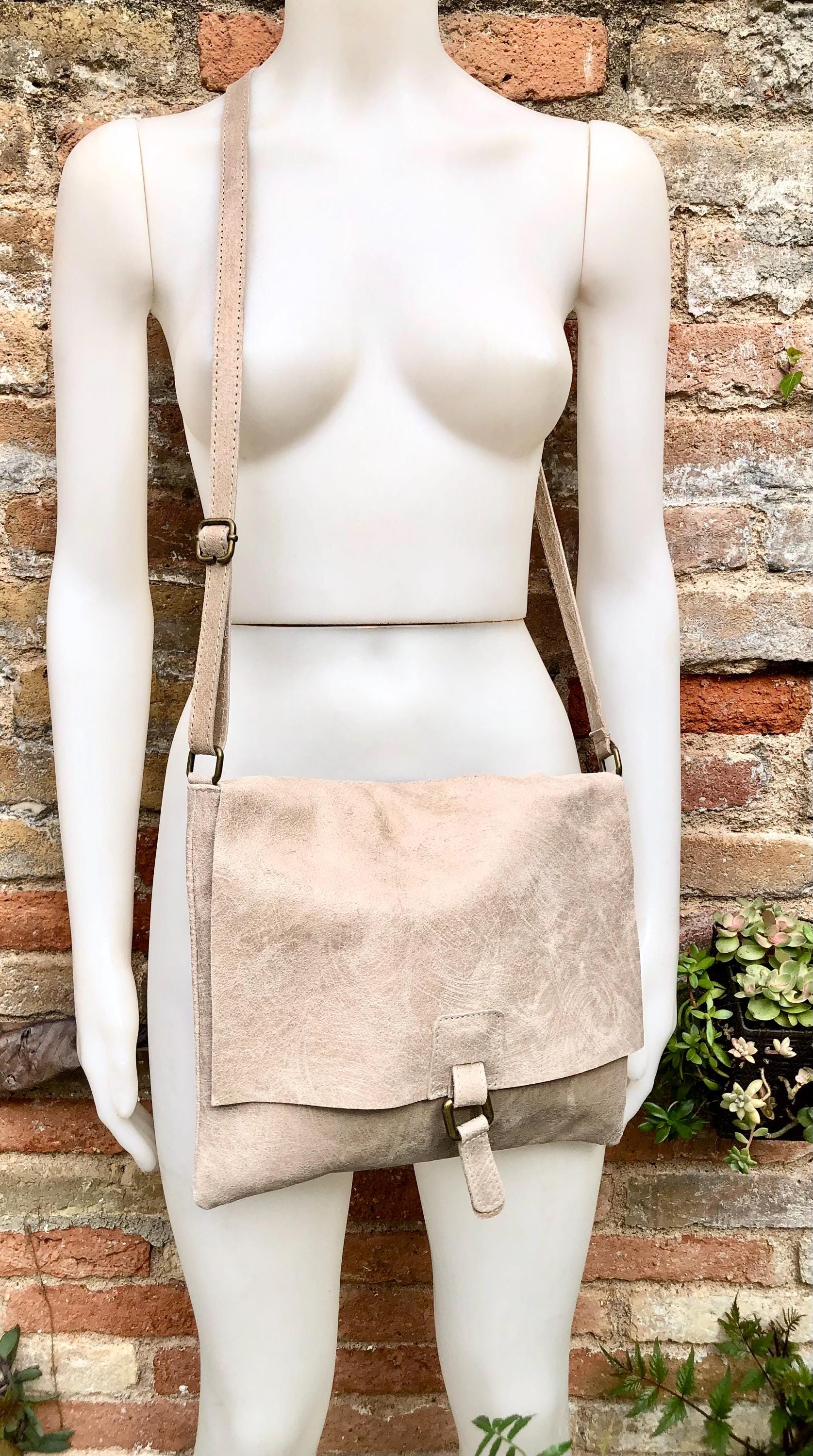 BOHO leather messenger bag in light BEIGE. Cross body bag in BEIGE suede. Soft genuine leather messenger bag.Beige leather purse