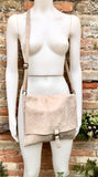 BOHO leather messenger bag in light BEIGE. Cross body bag in BEIGE suede. Soft genuine leather messenger bag.Beige leather purse