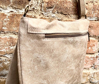 BOHO leather messenger bag in light BEIGE. Cross body bag in BEIGE suede. Soft genuine leather messenger bag.Beige leather purse