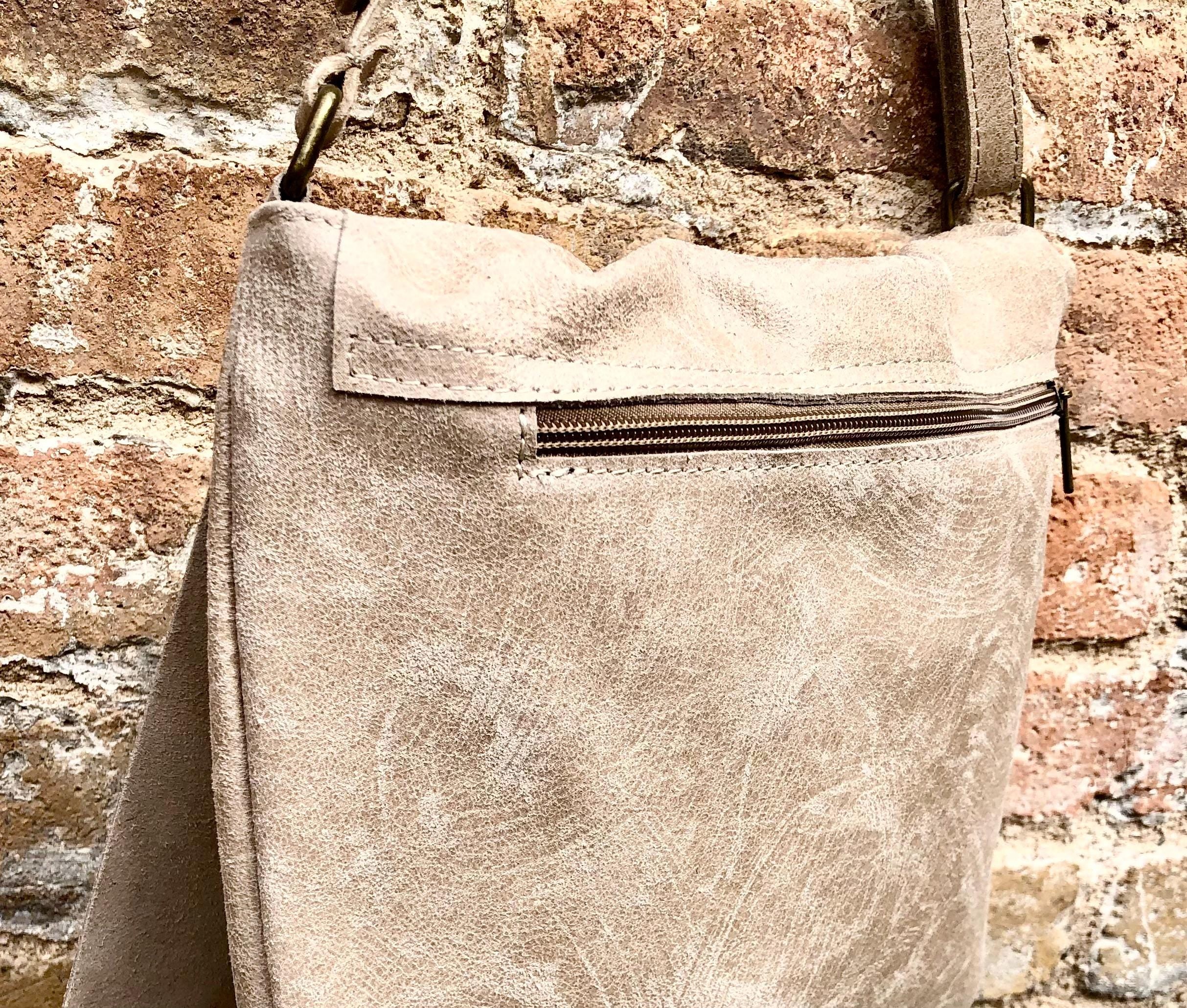 BOHO leather messenger bag in light BEIGE. Cross body bag in BEIGE suede. Soft genuine leather messenger bag.Beige leather purse