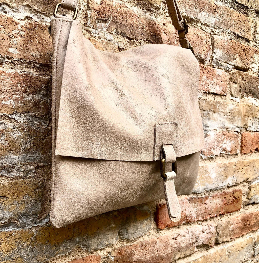 BOHO leather messenger bag in light BEIGE. Cross body bag in BEIGE suede. Soft genuine leather messenger bag.Beige leather purse