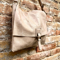 BOHO leather messenger bag in light BEIGE. Cross body bag in BEIGE suede. Soft genuine leather messenger bag.Beige leather purse