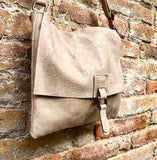 BOHO leather messenger bag in light BEIGE. Cross body bag in BEIGE suede. Soft genuine leather messenger bag.Beige leather purse