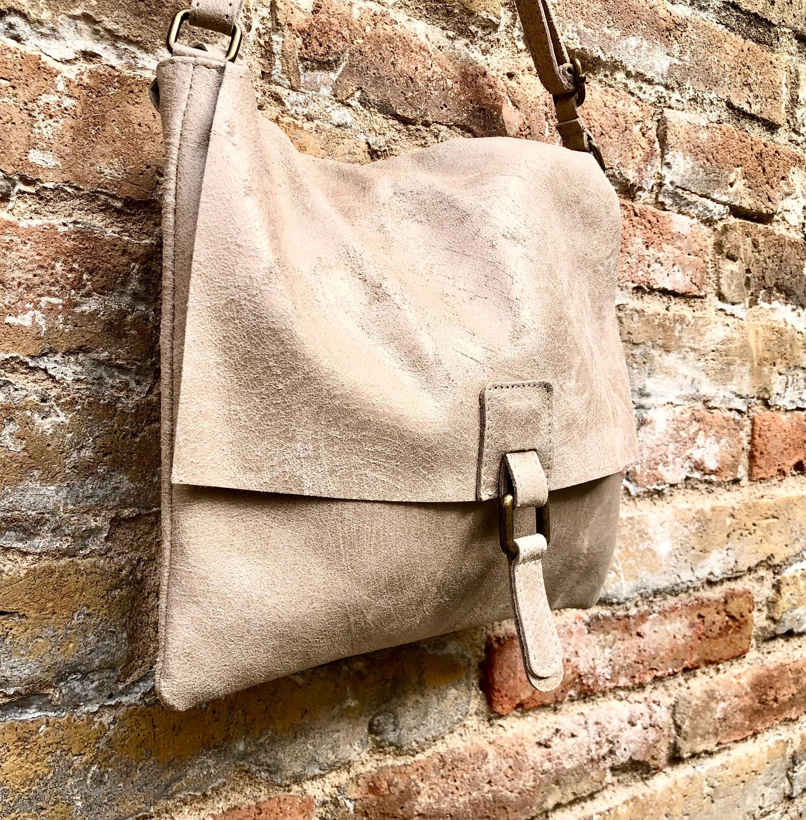 BOHO leather messenger bag in light BEIGE. Cross body bag in BEIGE suede. Soft genuine leather messenger bag.Beige leather purse