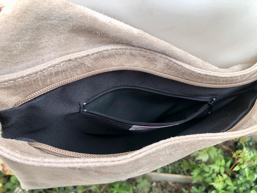 BOHO leather messenger bag in light BEIGE. Cross body bag in BEIGE suede. Soft genuine leather messenger bag.Beige leather purse